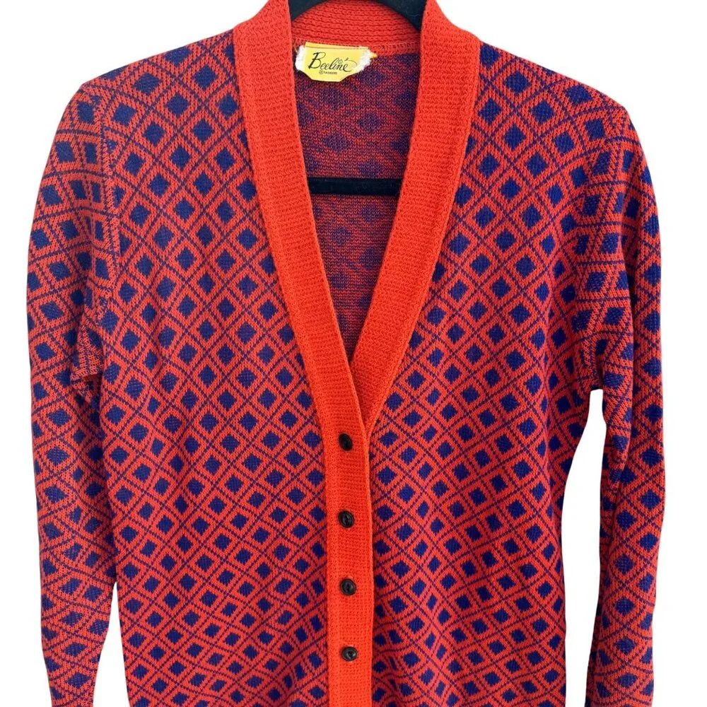 Beeline Vintage 60s 70s Mod Geometric Diamond Knit Cardigan Sweater M Rockabilly